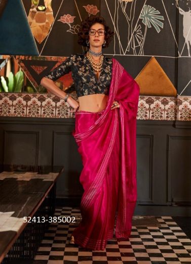 Magenta & Black Viscose Woven Handloom Saree For Traditional / Religious Occasions