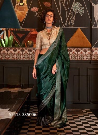 Dark Green & Beige Viscose Woven Handloom Saree For Traditional / Religious Occasions