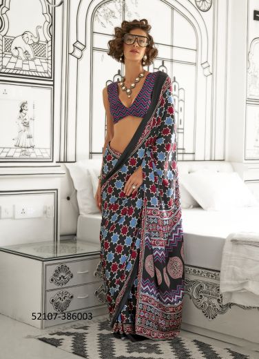 Multicolor Satin Crape Printed Festive-Wear Beautiful Saree