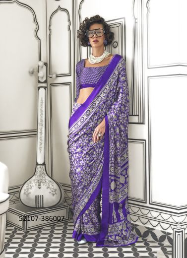Violet Satin Crape Printed Festive-Wear Beautiful Saree