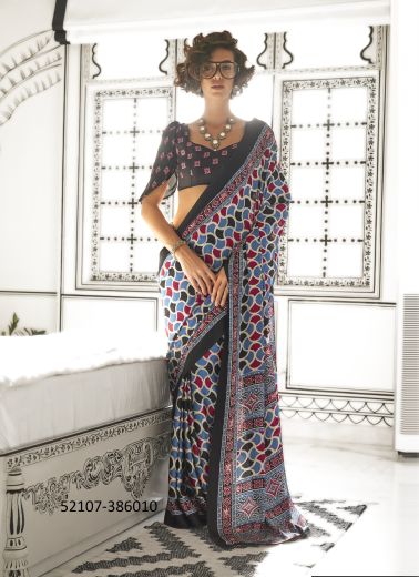 Multicolor Satin Crape Printed Festive-Wear Beautiful Saree