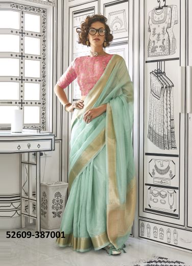 Mint Green & Pink Moss Chiffon Woven Jacquard Saree For Traditional / Religious Occasions