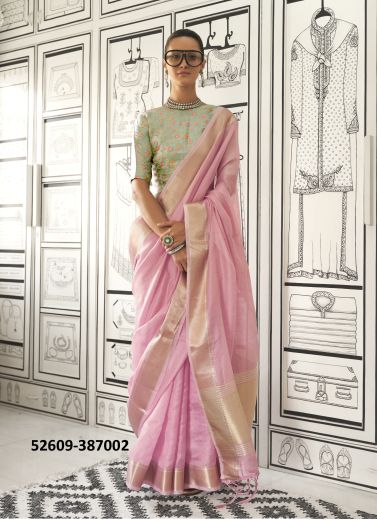 Pink & Mint Green Moss Chiffon Woven Jacquard Saree For Traditional / Religious Occasions