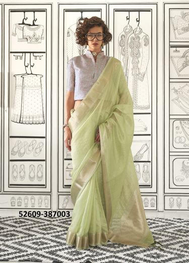 Light Green & Gray Moss Chiffon Woven Jacquard Saree For Traditional / Religious Occasions