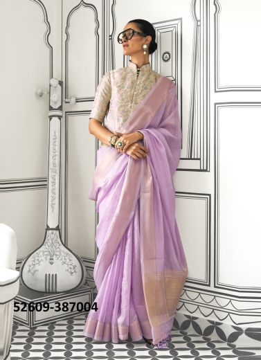 Lilac & Cream Moss Chiffon Woven Jacquard Saree For Traditional / Religious Occasions