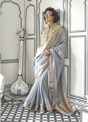 Gray & Pista Green Moss Chiffon Woven Jacquard Saree For Traditional / Religious Occasions