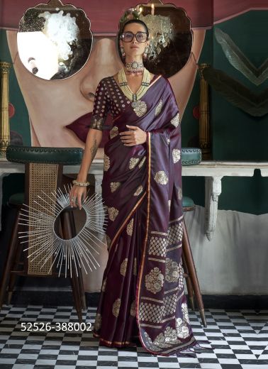 Dark Wine Woven Satin Silk Handloom Saree For Traditional / Religious Occasions