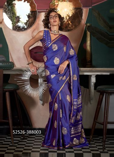 Indigo Blue Woven Satin Silk Handloom Saree For Traditional / Religious Occasions