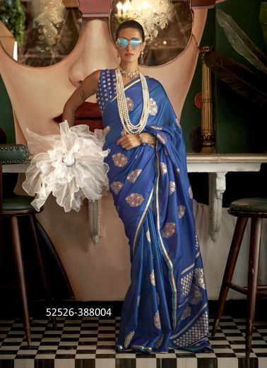 Blue Woven Satin Silk Handloom Saree For Traditional / Religious Occasions