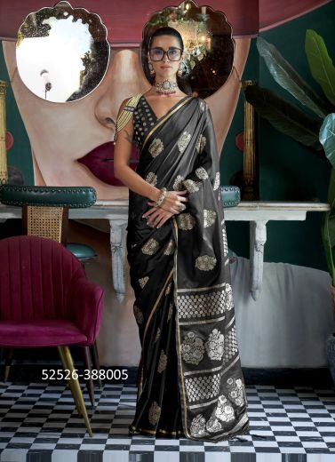 Black Woven Satin Silk Handloom Saree For Traditional / Religious Occasions