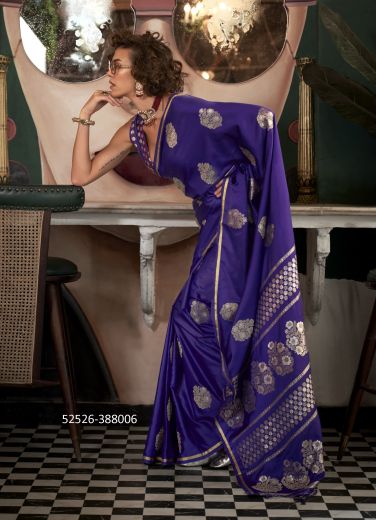 Indigo Blue Woven Satin Silk Handloom Saree For Traditional / Religious Occasions