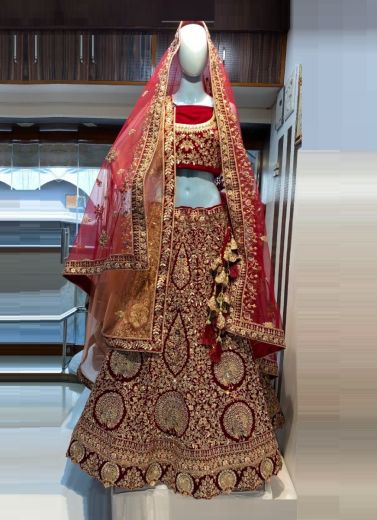 Maroon Velvet Bridal Lehenga Choli (With Double Dupatta)