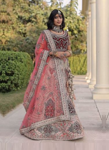 Light Peach Velvet Bridal Lehenga Choli (With Double Dupatta)