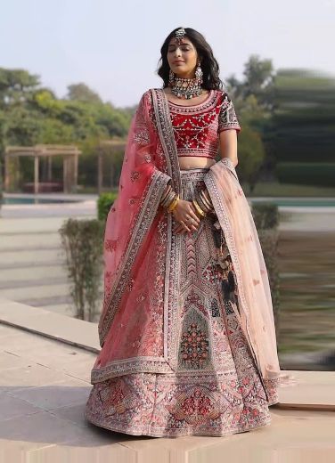 Gray Velvet Bridal Lehenga Choli (With Double Dupatta)