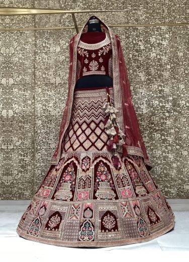 Maroon Velvet Bridal Lehenga Choli