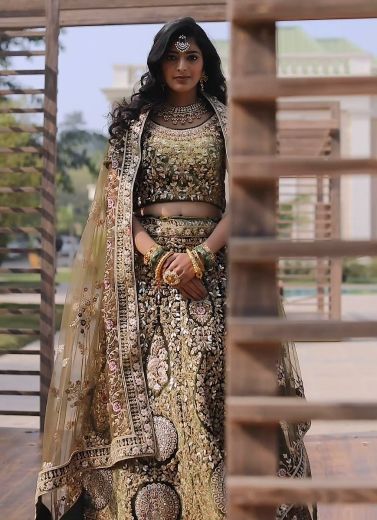 Dark Olive Green Velvet Bridal Lehenga Choli