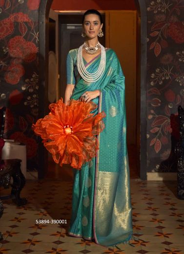 Teal Blue Woven Silk Evening-Wear Handloom Saree