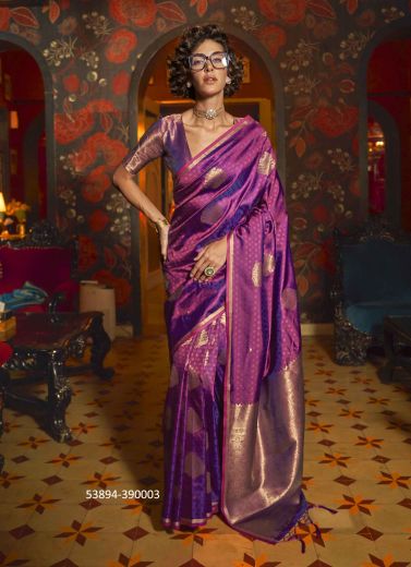 Dark Violet Woven Silk Evening-Wear Handloom Saree