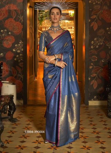 Steel Blue Woven Silk Evening-Wear Handloom Saree