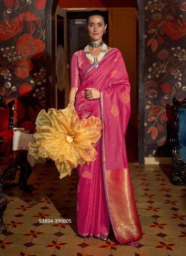 Dark Pink Woven Silk Evening-Wear Handloom Saree