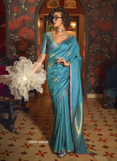 Sky Blue Woven Silk Evening-Wear Handloom Saree