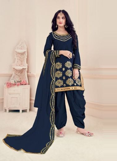 Dark Blue Soft Silk With Embroidery Work Patiala Salwar Kameez