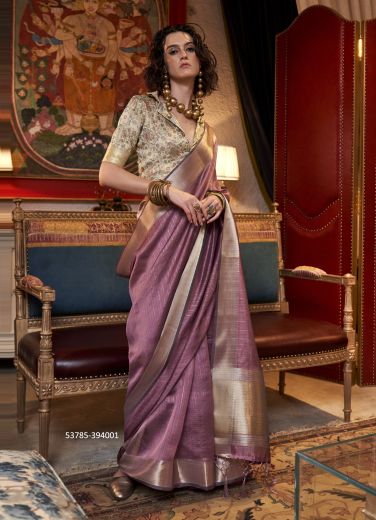 Mauve Moss Chiffon Woven Jacquard Saree For Traditional / Religious Occasions