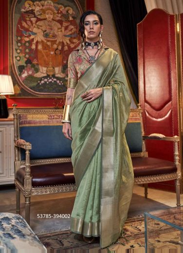 Pista Green Moss Chiffon Woven Jacquard Saree For Traditional / Religious Occasions