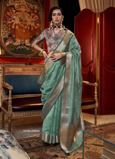 Light Teal Blue Moss Chiffon Woven Jacquard Saree For Traditional / Religious Occasions