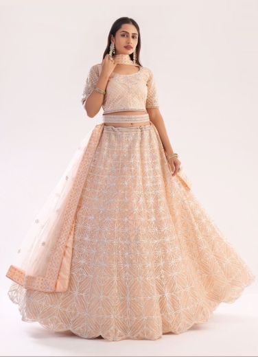 Light Peach Net Bridal Lehenga Choli