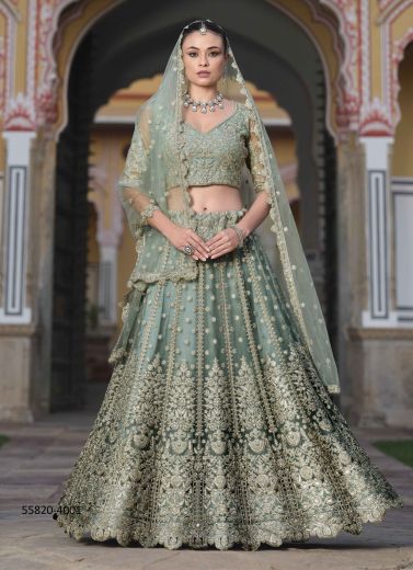 Sage Green Pure Butterfly Net Embroidered Wedding-Wear Reception Lehenga Choli