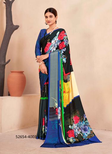 Multicolored Crape Silk Digitally Printed Vibrant Saree For Kitty-Parties