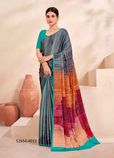 Multicolored Crape Silk Digitally Printed Vibrant Saree For Kitty-Parties