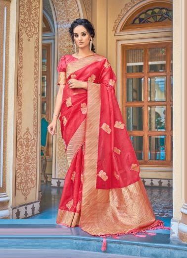 Red Soft Hand Dying Organza Weaving Festive-Wear Silk Saree