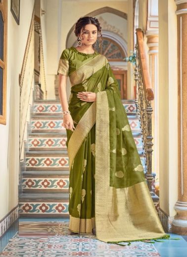 Olive Green Soft Hand Dying Organza Weaving Festive-Wear Silk Saree