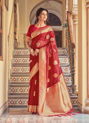 Red Soft Hand Dying Organza Weaving Festive-Wear Silk Saree