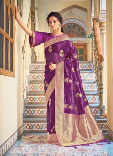 Purple Soft Hand Dying Organza Weaving Festive-Wear Silk Saree