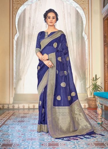 Blue Soft Hand Dying Organza Weaving Festive-Wear Silk Saree