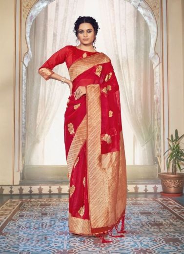 Red Soft Hand Dying Organza Weaving Festive-Wear Silk Saree