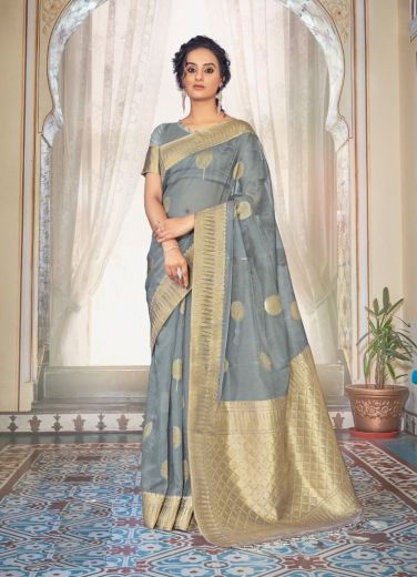 Gray Soft Hand Dying Organza Weaving Festive-Wear Silk Saree