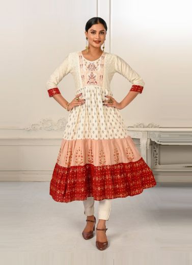 Multicolor Cotton With Hand Printed Party-Wear Readymade Anarkali Kurti