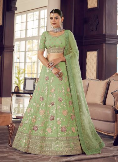 Light Green Organza Handwork Wedding-Wear Bridal Lehenga Choli