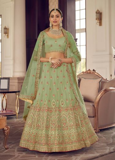 Light Green Organza Handwork Wedding-Wear Bridal Lehenga Choli