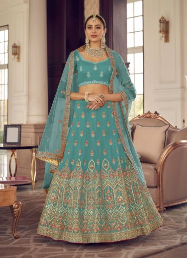 Teal Blue Organza Handwork Wedding-Wear Bridal Lehenga Choli