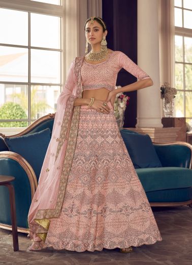 Light Coral Crape Handwork Wedding-Wear Bridal Lehenga Choli