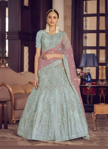 Sky Blue Crape Handwork Wedding-Wear Bridal Lehenga Choli