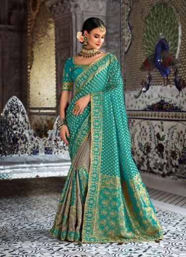 Teal Blue Silk Embroidery Party-Wear Saree