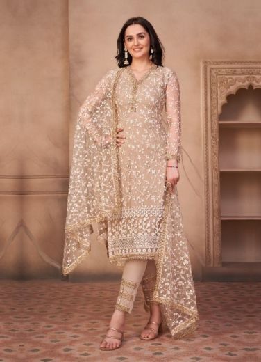 Peach Cotton Embroidered, Thread & Sequins Work Festive-Wear Salwar Kameez