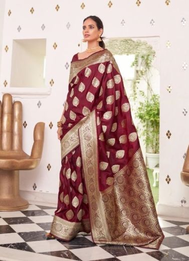 Burgundy Satin Two Tone Weaving Festive-Wear Handloom Saree