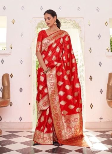 Red Satin Two Tone Weaving Festive-Wear Handloom Saree